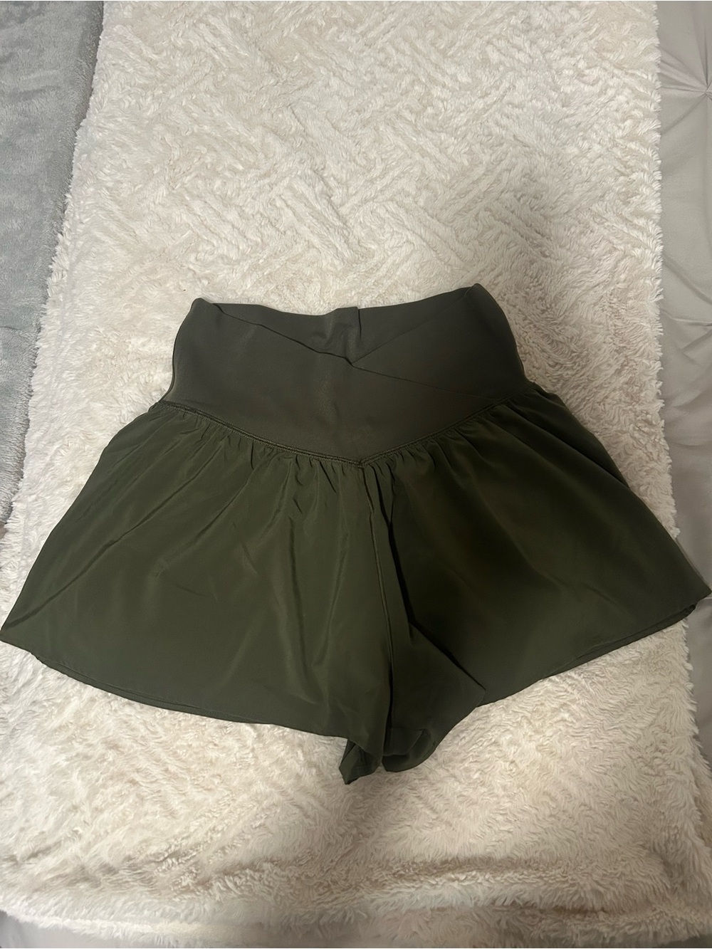aerie Olive Athletic High-Rise Flared Shorts